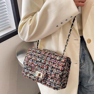 Tweed Wool Plaid Classic Flap Handbag Black Multicolored Quilted Woven Crossbody